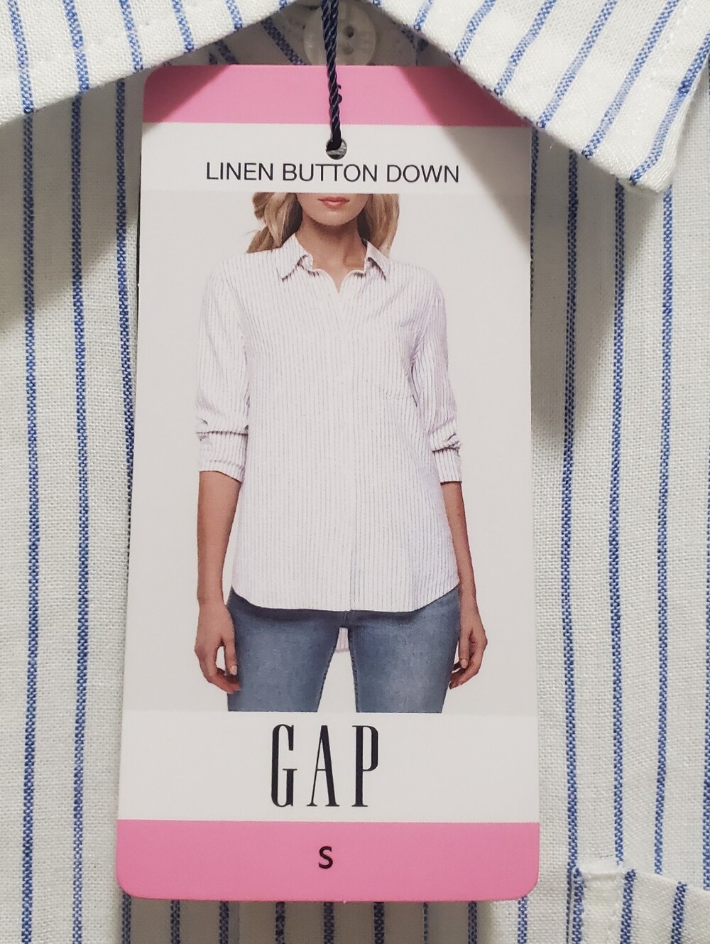 NWT GAP Women's Linen White Button-Down Shirt with Navy Pinstripes Size Small - Picture 8 of 12